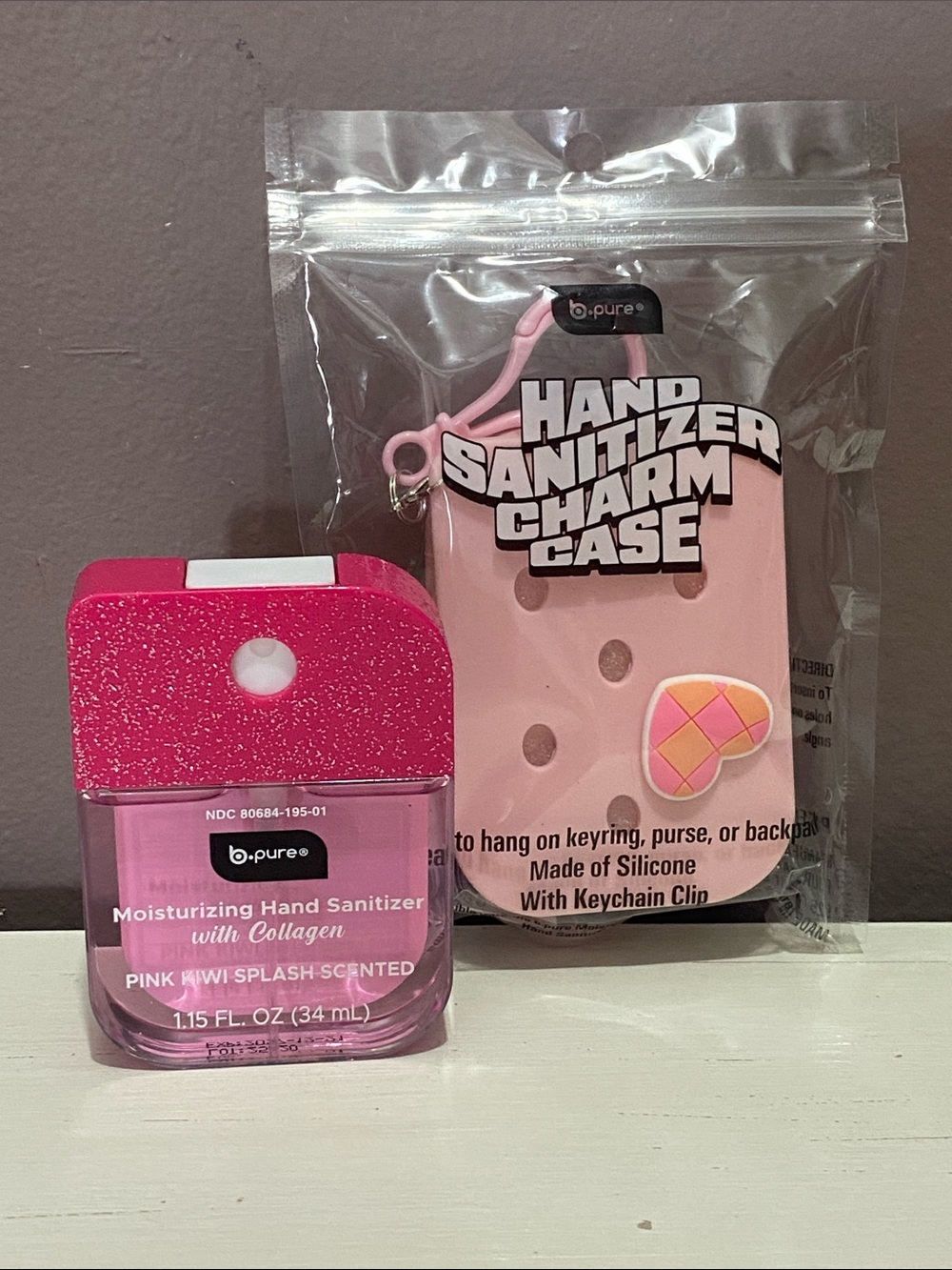b.pure Pink Kiwi Splash Hand Sanitizer with Pink Silicone Charm Case